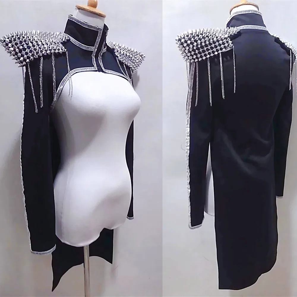 

Черные заклепки-цепочки, доспехи, плащ, куртка, женский костюм для джазового танца, певица, танцовщица, сценическая одежда для ночного клуба, вечеринки, фестиваля