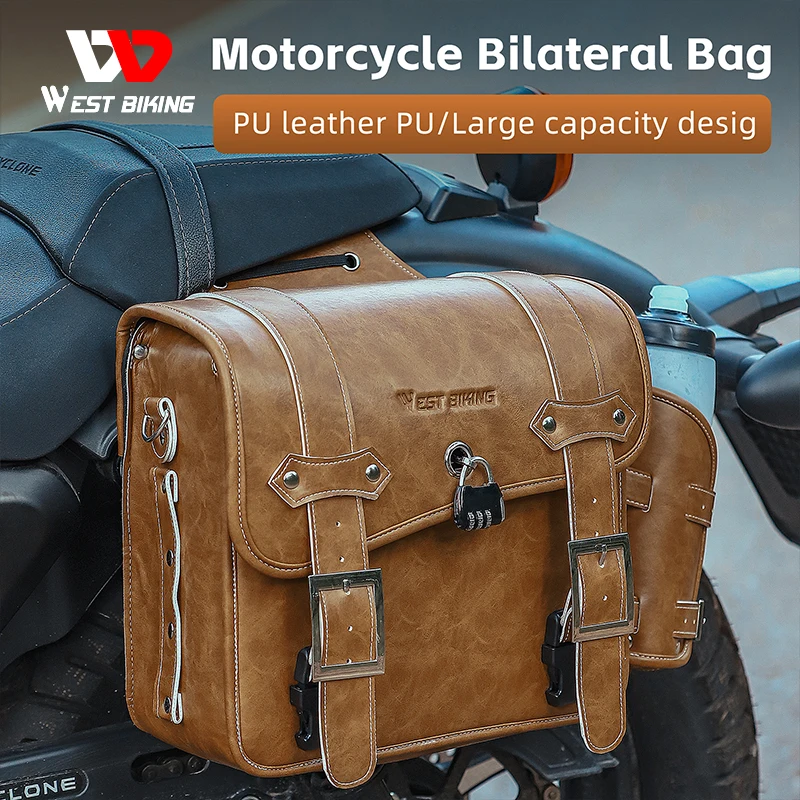 WEST BIKING Motorcycle Bag PU Leather Waterproof 16L 2 Pcs Side Bags Universal Motorcycle Pannier Bag With Bottle Bag Padlock