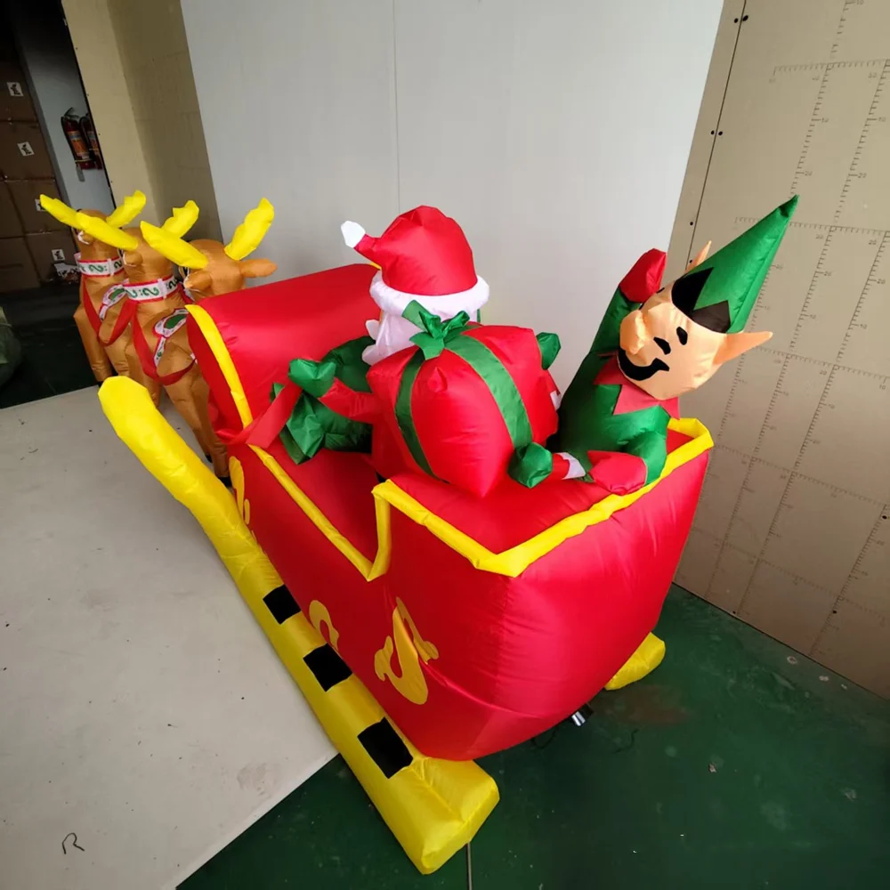 Christmas Inflatable Santa Claus Rides On A Sled Pulled By Three Reindeer, Carrying A Gift Box And Built LED,For Courtyard, Lawn