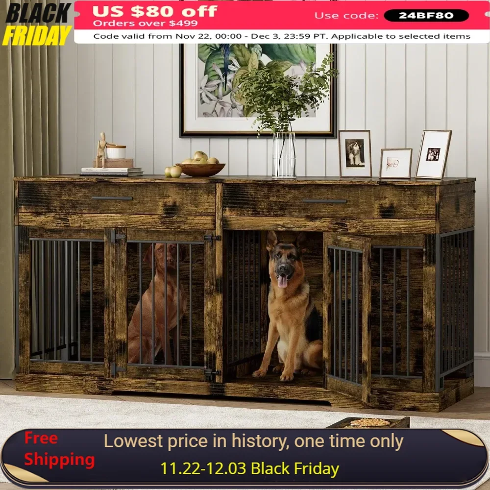 Niche double pour chien, mobilier d'intérieur pour 2 chiens, 72 pouces, 2 sorties de proximité