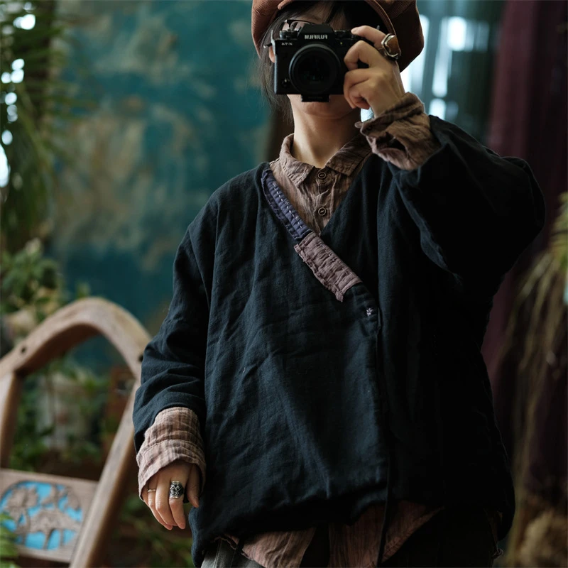 Women Cotton Linen Casual Coats New Arrival 2025 Autumn Chinese Style Vintage V-neck Loose Female Thick Basics Jackets M1869