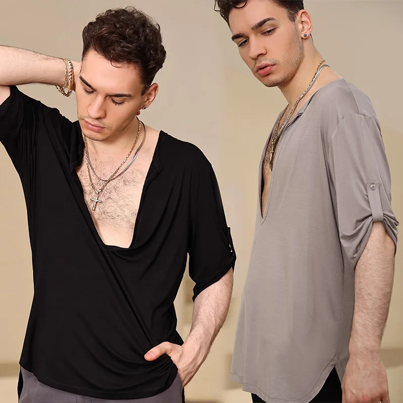 

2025 Latin Dance Clothes Loose Tops Men Summer Cha Cha Rumba Samba Dance Practice Clothing Short Sleeves V Neck T Shirts BL16193