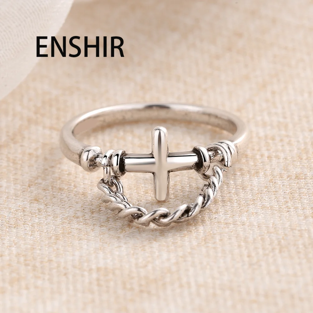 ENSHIR Silver Color New Design Cross Thai Silver Ring With Silver Chain Vintage Punk Open Ring Jewelry S-R636
