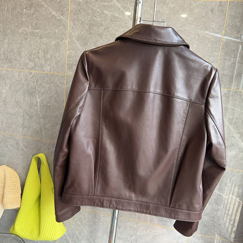 2025 nuove giacche di pelle di pecora di alta qualità moda cerniera moto e motociclista cappotti corti donna marrone / nero giacche casual in vera pelle