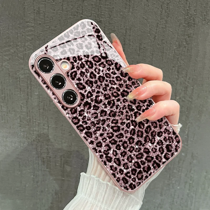 Full-screen, shiny leopard print electroplated glass phone case,suitable for Samsung S26/S25/S24/S23/S22/S21/S20and other models