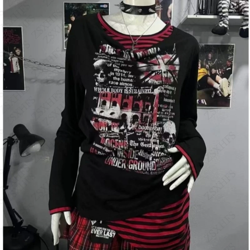 Punk High Street T Shirts Red Stripe Color Blocking Pullover Women Spring Casual Fake two piece Long Sleeves Y2k Pullovers Emo