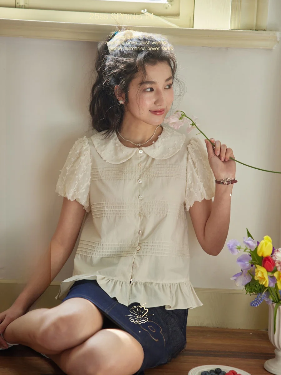 

Женская блузка Nov Et Doll с воротником, короткими рукавами-фонариками, винтажным пэчворк-подолом, из смесового хлопка и модала