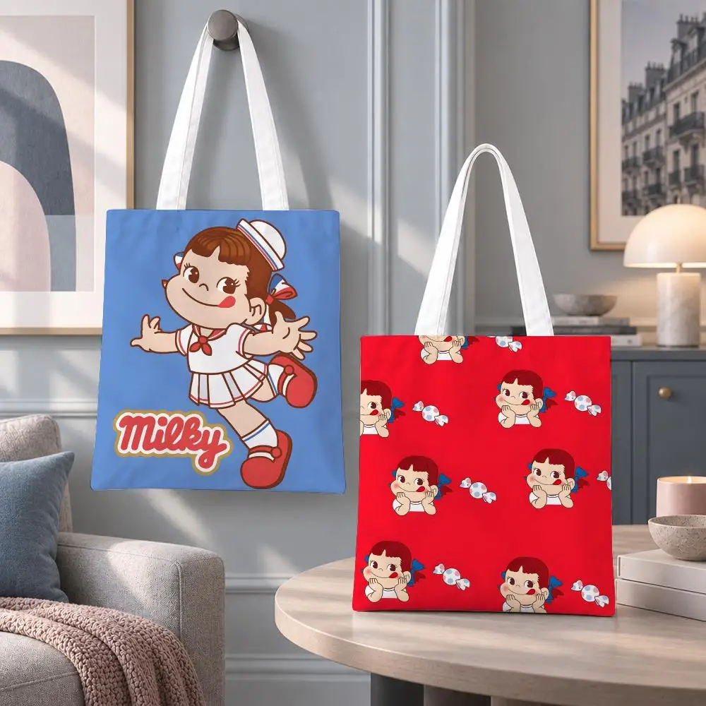 Cute Character Fujiya Peko-Chan Storage Bags Eco Canvas Tote Odorless Reusable Double Print Shopping Bag
