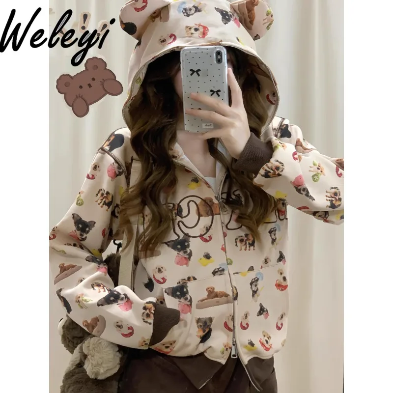 

Preppy Style Cute Dog Full Printed Hooded Sweatshirts Female 2024 Autumn American Women's Loose Long Sleeve Hoodies Coat Trendy