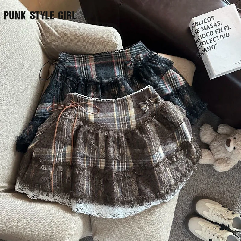 

Retro Vintage Patchwork Plaid Print Cake Mini Skirt High Waist Harajuku Gothic Lolita Kawaii Ball Gown Short Skirts with Bow