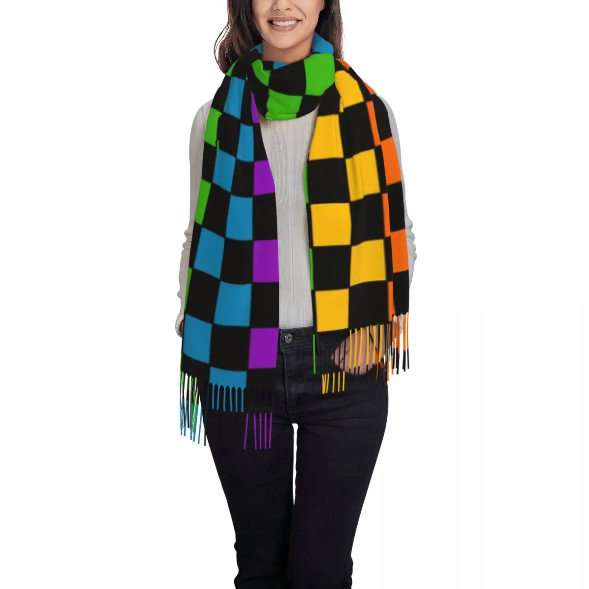 Custom Print Rainbow Checkerboard Checked Pattern Scarf Women Men Winter Fall Warm Scarves Shawls Wraps