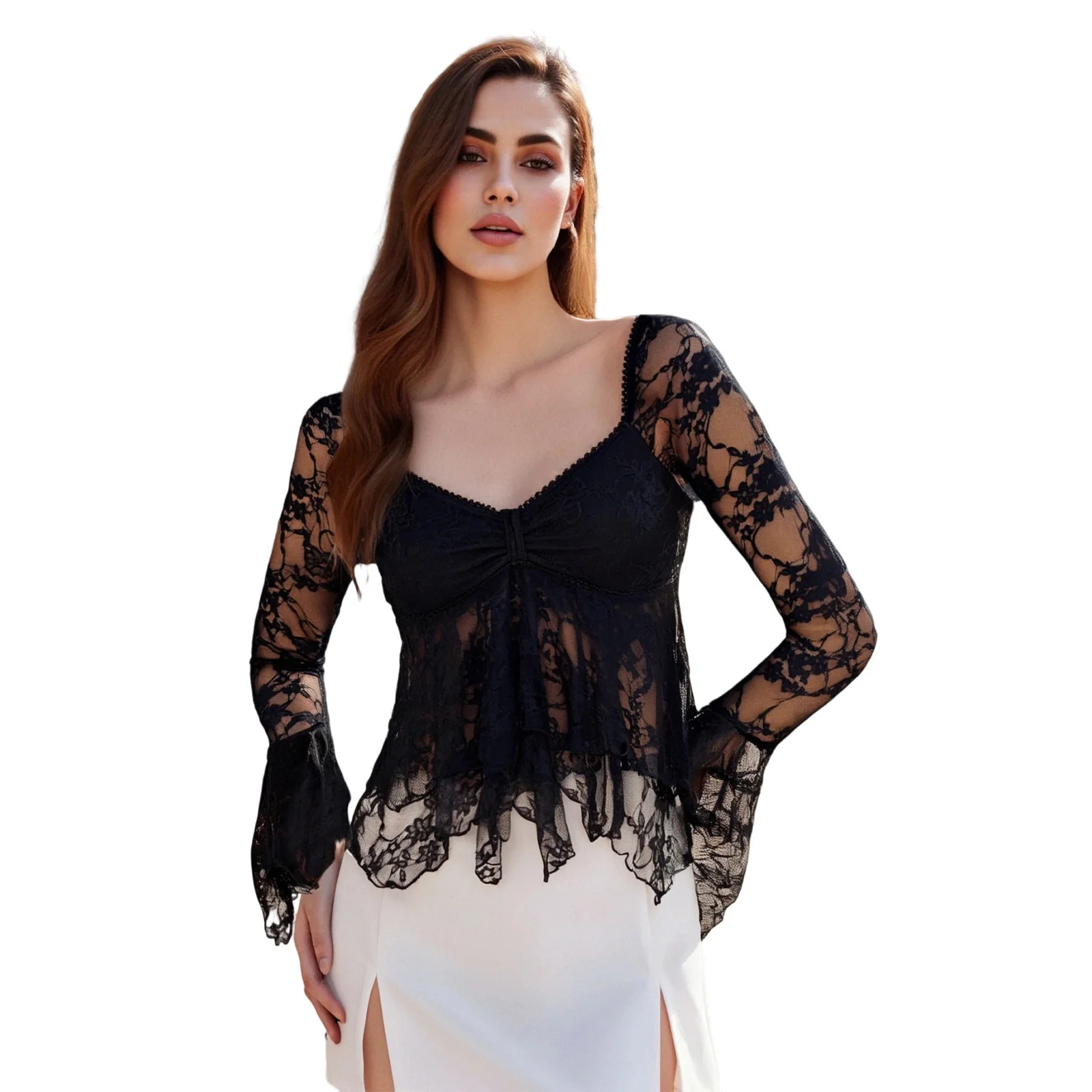 

Women s Spring Summer V Neck Tops Long Sleeve Trendy Sheer Lace Floral Party Blouse