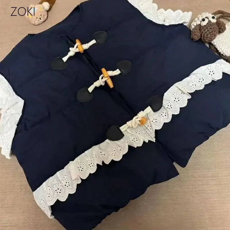 Women Sweet Lace Vest Navy Toggle Buttons Sleeveless Vest Winter Thick Fleece Lined Gilet Warm Campus Cute Waistcoat Outerwear
