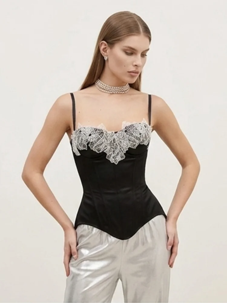 

Black Lace Sexy Patchwork Fishbone Sling Top Lady Chic Off-shoulder Waist Cinching Bodycon Vest Women Party Club Blouse 2026
