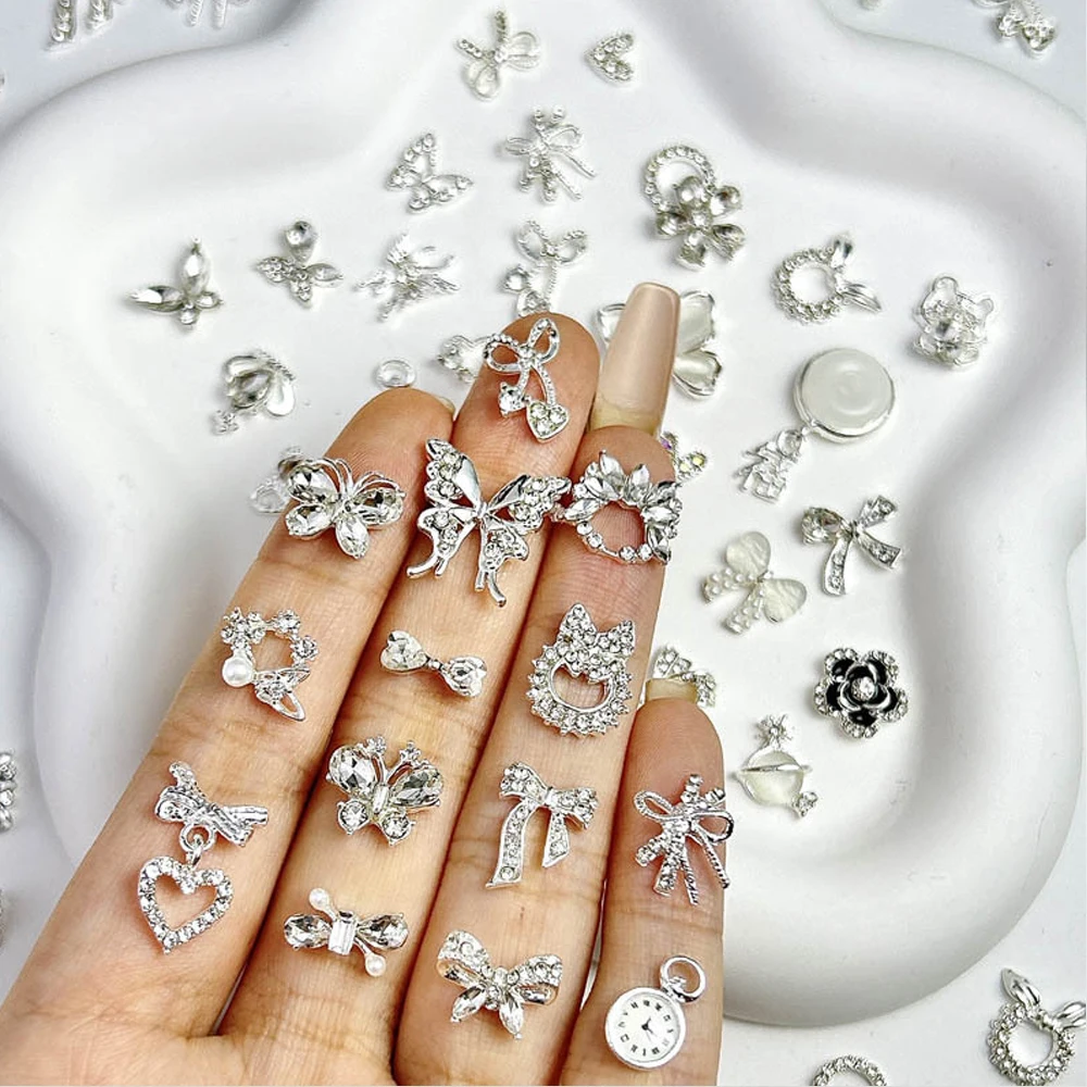 10pcs Luxurious Zircon Alloy Nail Decoration 3D Silver Gold Bow，butterfly，Nail Art Charm DIY Christmas & New Year Nail Supplies