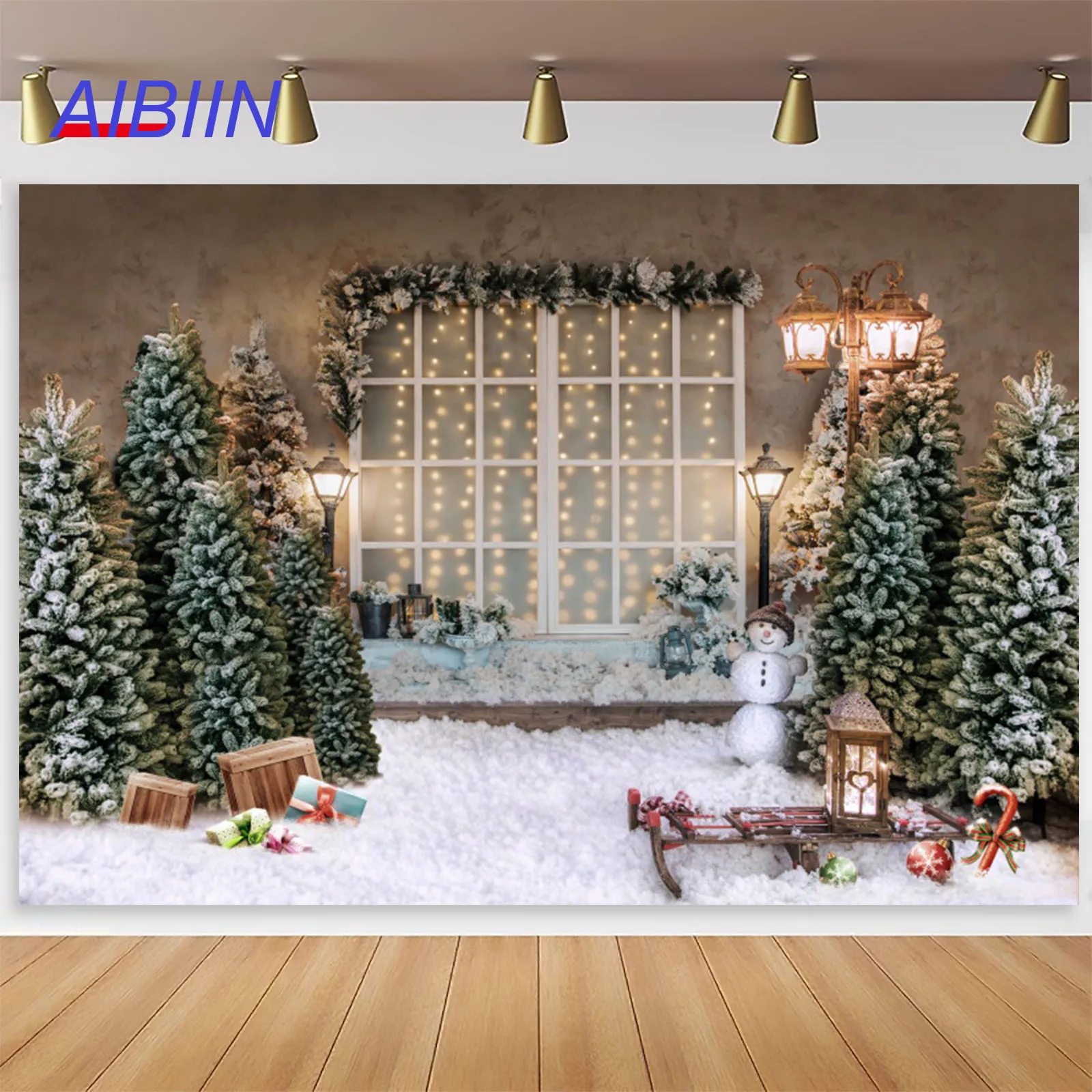 

Merry Christmas Photography Background Xmas Tree Lamp Window Snow Winter Backdrops Birthday Holiday Family Party Decoration