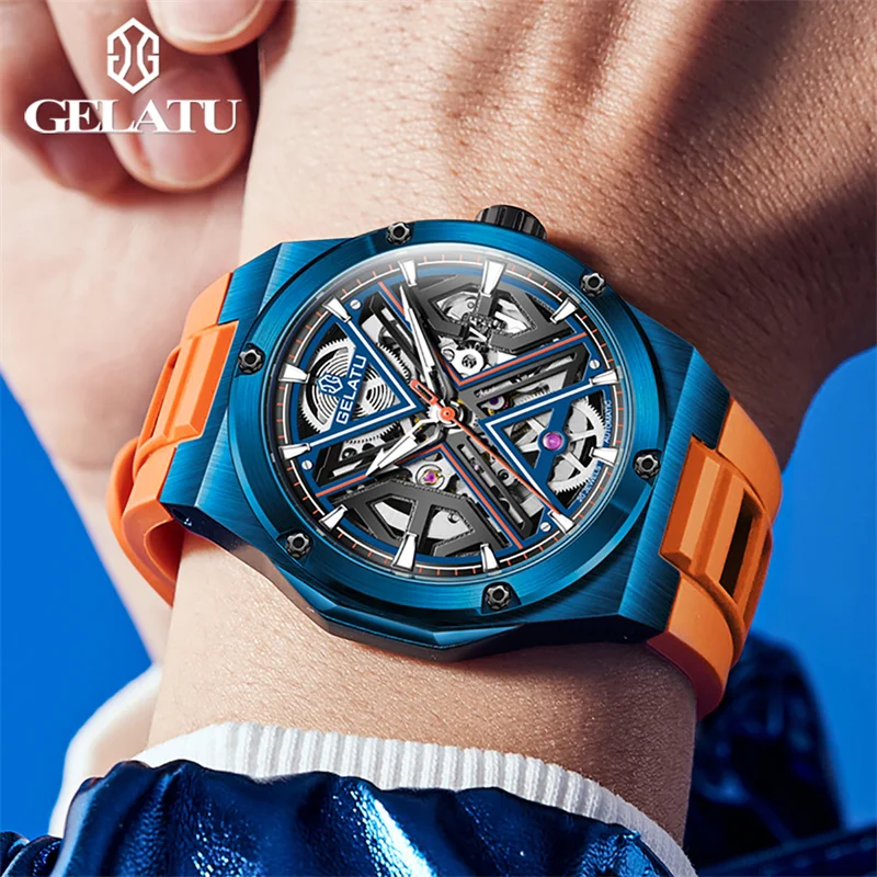 GELATU Mechanical Watch for Men Skeleton Automatic Wrist Watch Luminous 5ATM Waterproof Blue Steel Case Reloj Hombre