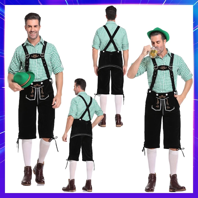 Germany Oktoberfest Costumes Adult Men Traditional Bavarian Beer Shorts Outfit Overalls Shirt Hat Suspenders Set Halloween Cloth