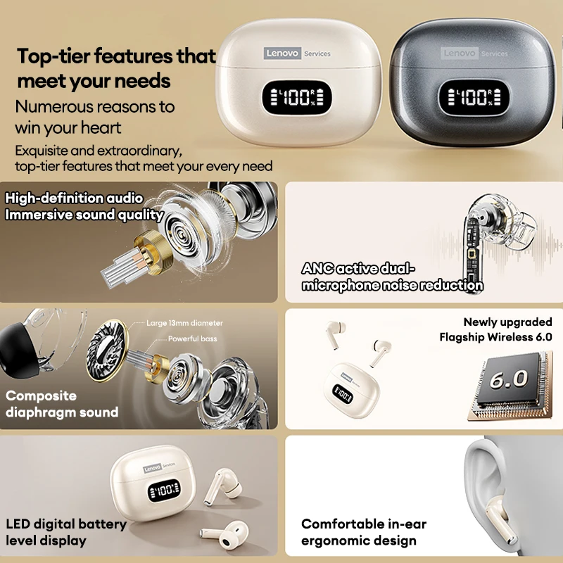 لينوفو الأصلي LE207 ANC سماعات لاسلكية TWS بلوتوث 6.0 سماعات أذن نشط إلغاء الضوضاء LED شاشة ديجيتال سماعات