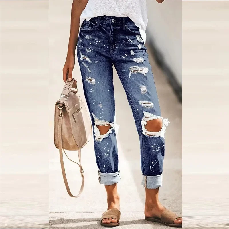 Large Size Women's Jeans Blue Casual Street Hipster Ripped Straight Print Denim Trousers Women