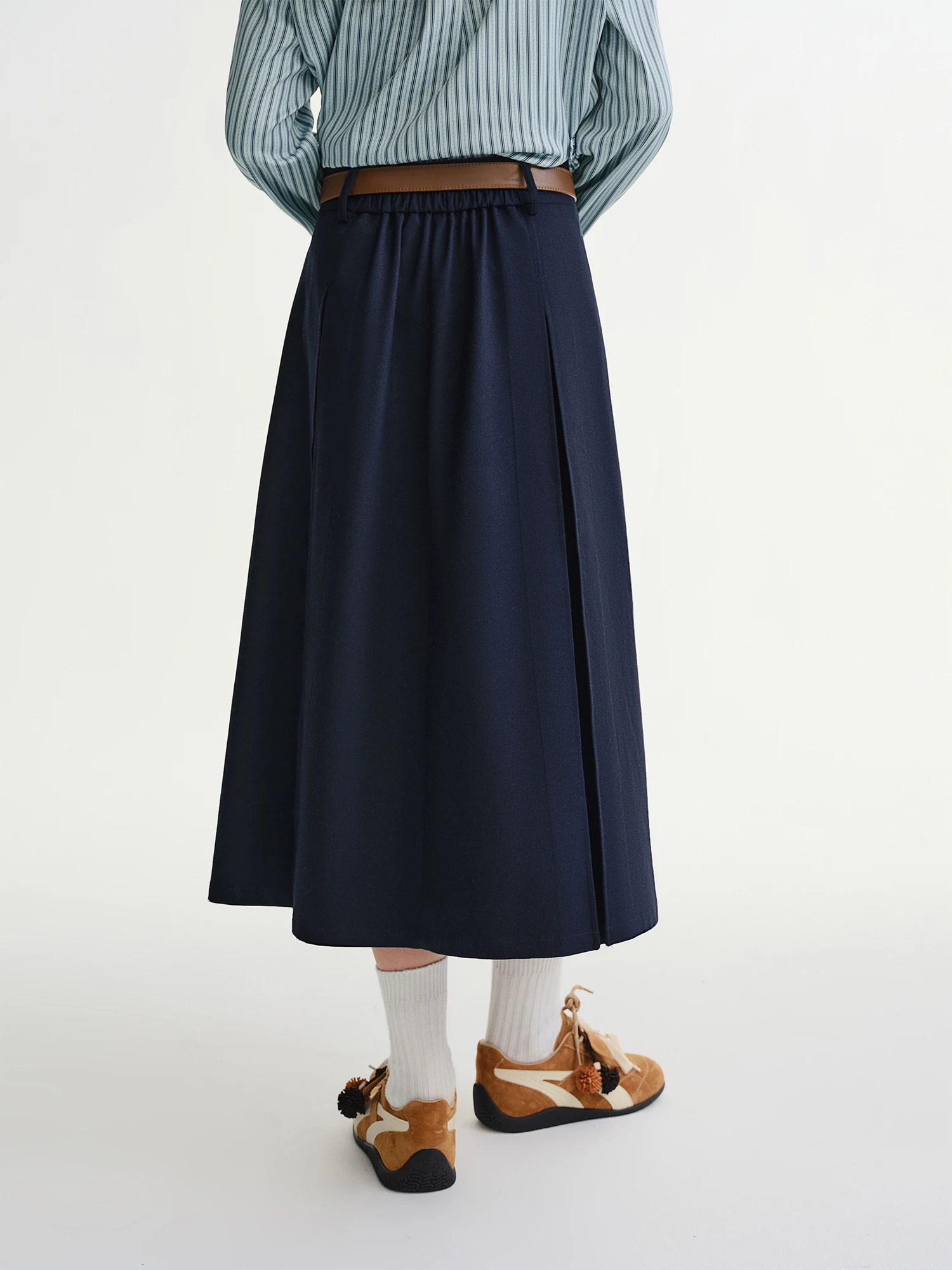 DUSHU Plus-size Women's Deep Blue Gathered Commute High-waisted Pleated Skirt Winter 2025, Perfect for Curvy Figures Women Skirt