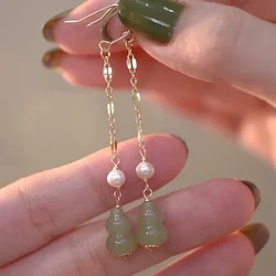Minar Ethnische Süßwasserperlen-Ohrringe mit langen Quasten für Damen, grüne Farbe, Kürbis-Naturstein, Hetian-Jade, baumelnde Ohrringe, Brincos
