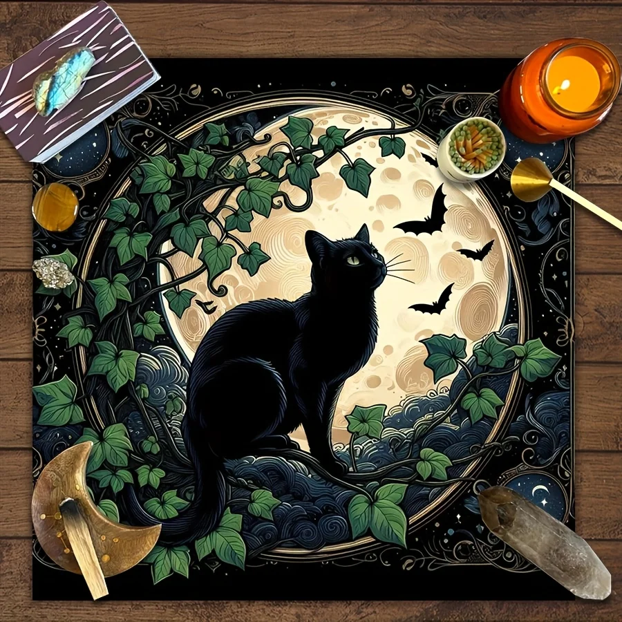 VIKAMA Magic Black Cat Tablecloth Full Moon Bat Mystical Vines Waterproof Stain Resistant Witch Study Metaphysical Studio