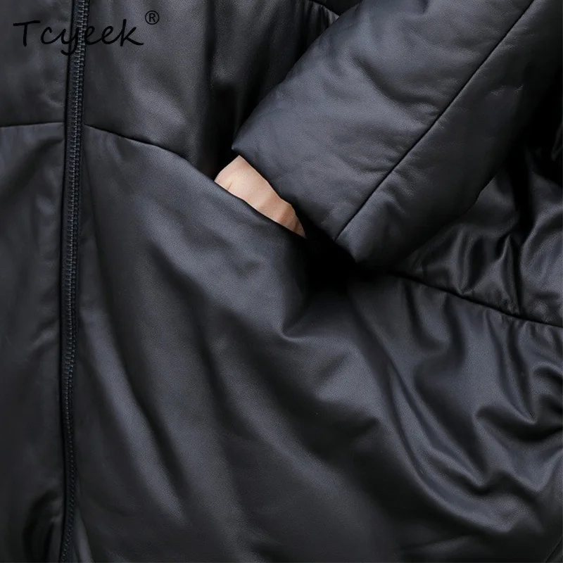 Tcyeek Echte Top Schicht Schaffell Herbst Winter Koreanische Mit Kapuze Schwarz Medium Länge frauen Aus Echtem Leder Jacke Jaqueta Couro