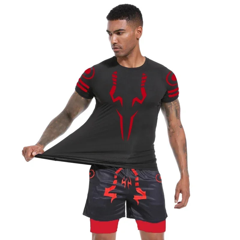 Jujutsu Kaisen Anime Kompresyjny strój sportowy Fitness Zestaw męski Sukuna Nadruk 3D Szybkoschnący Rashguard + Spodenki gimnastyczne 2 w 1 Lato