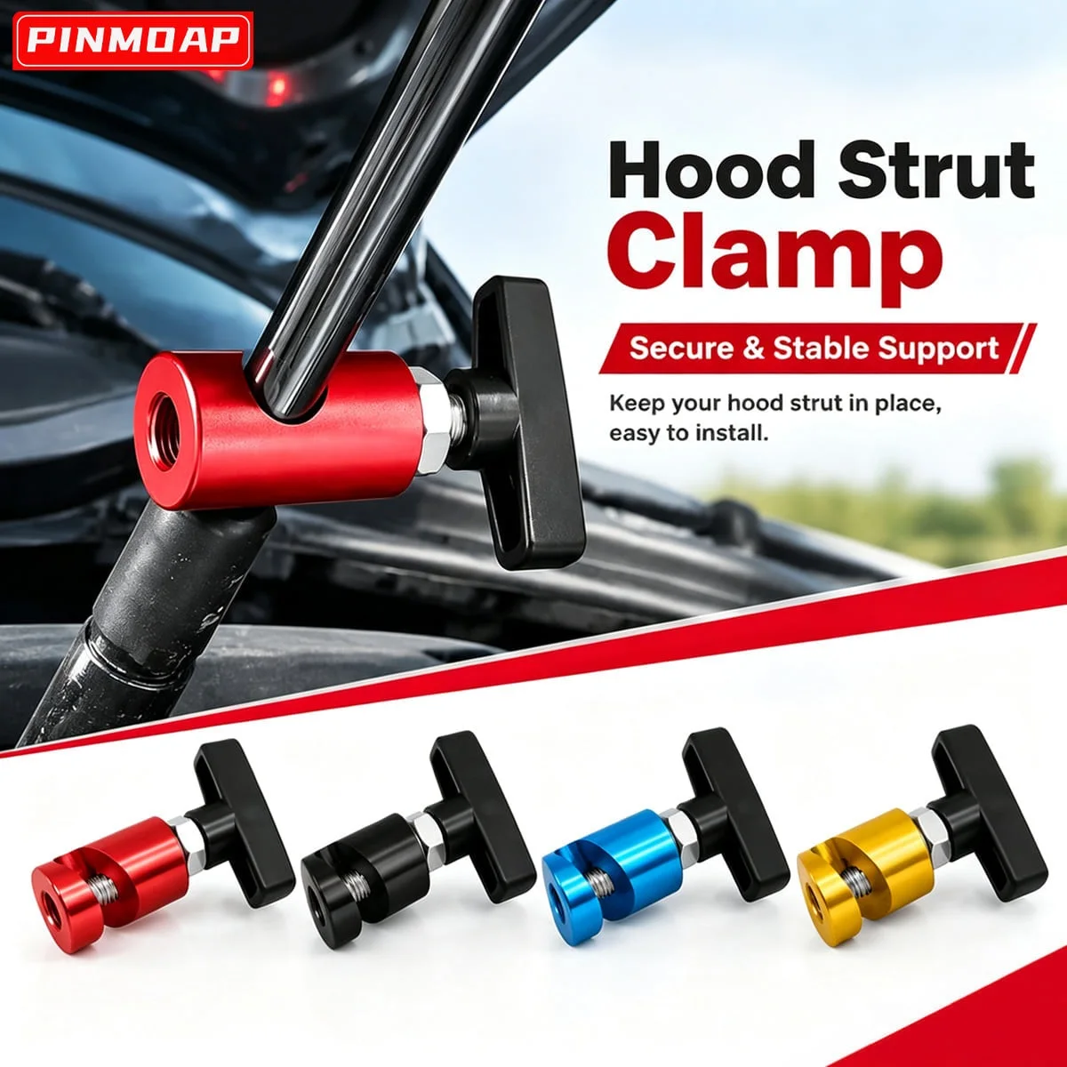 PINMOAP 1/2PCS Hood Strut Clamp Aluminum Alloy Secure Grip Quick Adjust Red Black Blue Yellow Vehicle Hood Support Holder