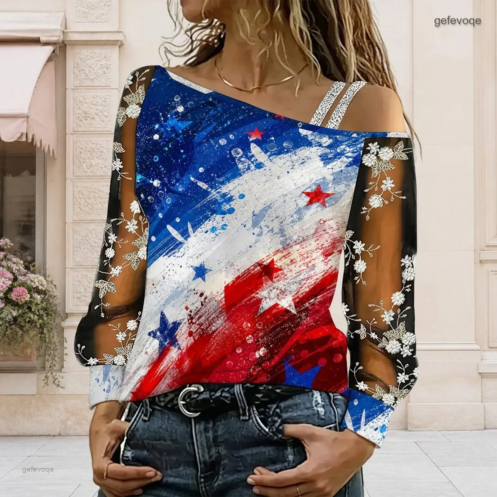 Women Asymmetric Cold Shoulder Top Red White Blue Star Print Long Sheer Floral Embroidery Sleeve Blouse