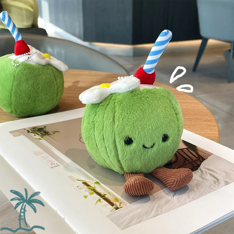 

16cm Cute Cartoon Coconut Plush Toy Soft Stuffed Doll With Straw Flower Tiny Legs Bag Pendant Keychain Ideal Gift For Girls