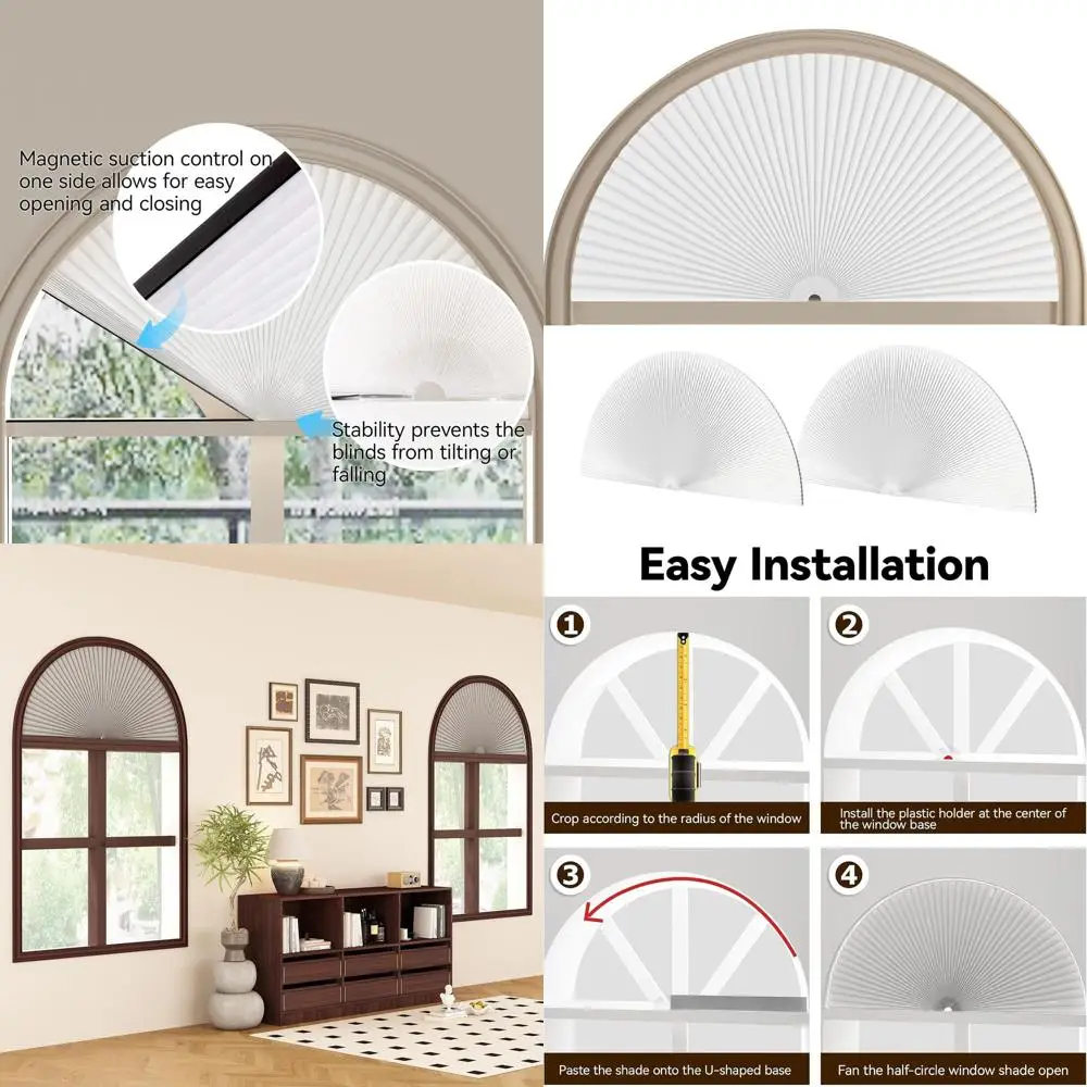 

Беспроводные полукруглые сотовые шторы блэкаут для арочных окон - простая установка, 2 штуки, белые, 36 x 72 дюйма