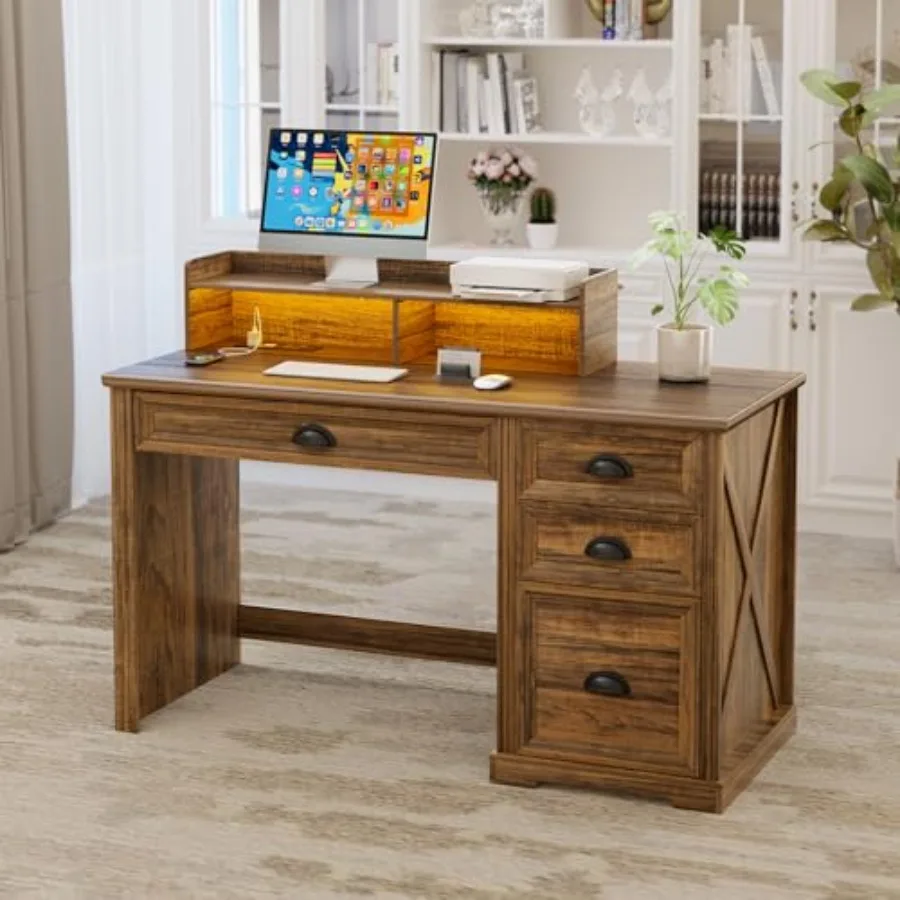 مكتب كمبيوتر مع حامل شاشة 47 في مكتب المكتب المنزلي في المزرعة مع أضواء LED مكتب تنفيذي مع مساحة تخزين لـ #2