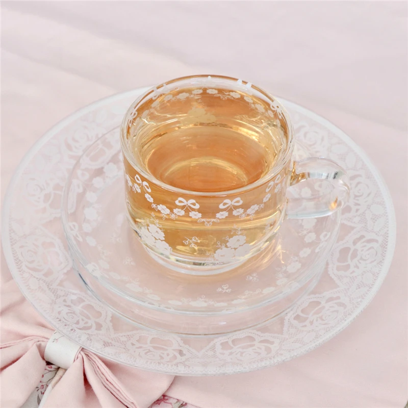 

Glass Cup Saucer Plate 3 Pcs European Retro White Lace Rose Printed Afternoon Tea Coffee Cup Dessert Plate Elegant Tableware Set