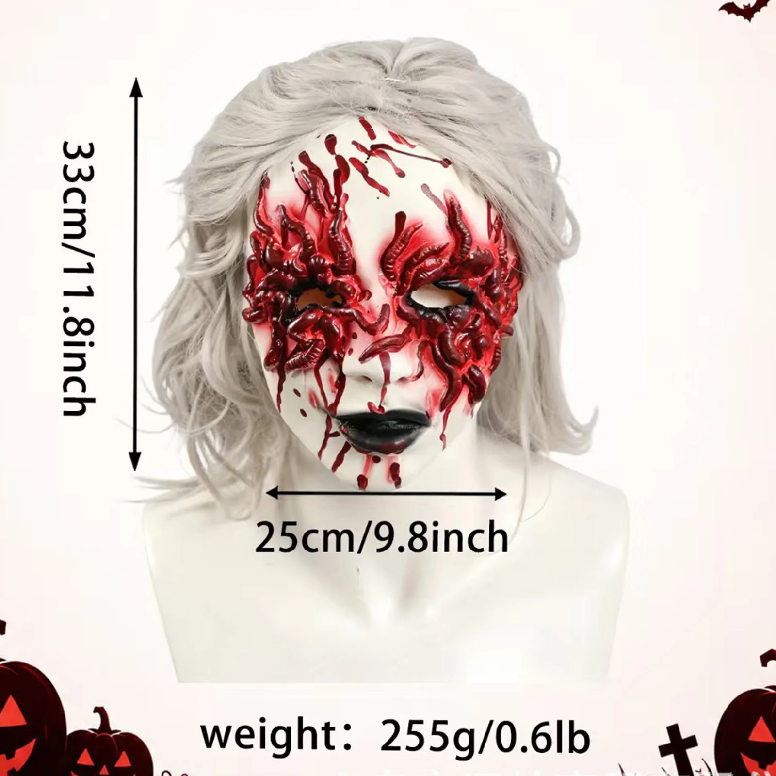 Scary Full Face Role-playing Latex Mask White Hair Headgear for Halloween Cosplay Themed Party Prank