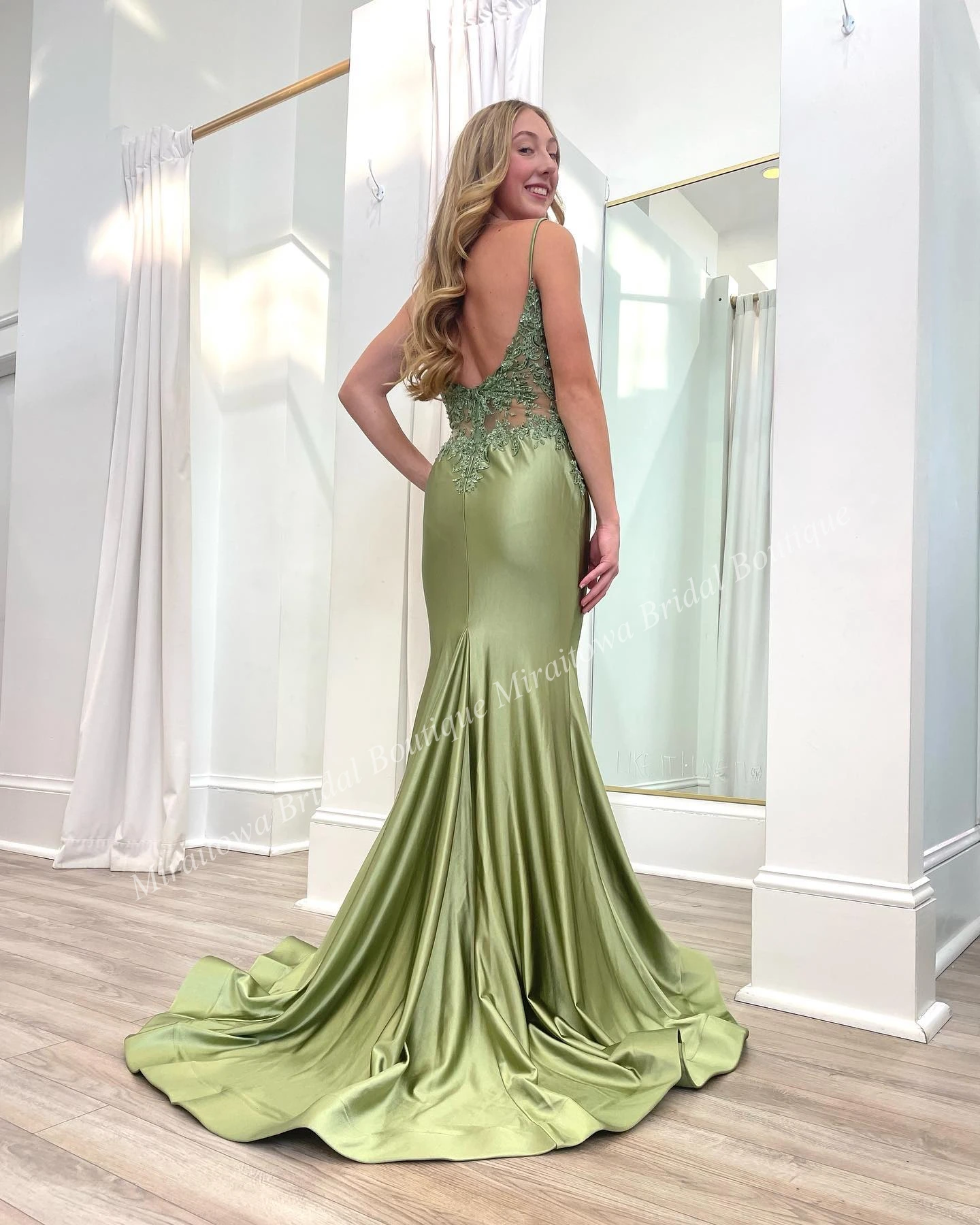 Stretch Satin Prom Dress Sheer Lace Side Sage Pageant Sorority Formal Evening Event Special Occasion Gala Runway Gown Photoshoot