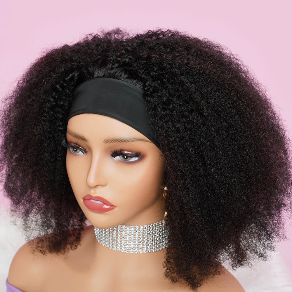 250% Density Afro Kinky Curly Human Hair Wig Headband Scarf Wig For Women Brazilian Remy Hair None Lace Full Machine Made Wigs