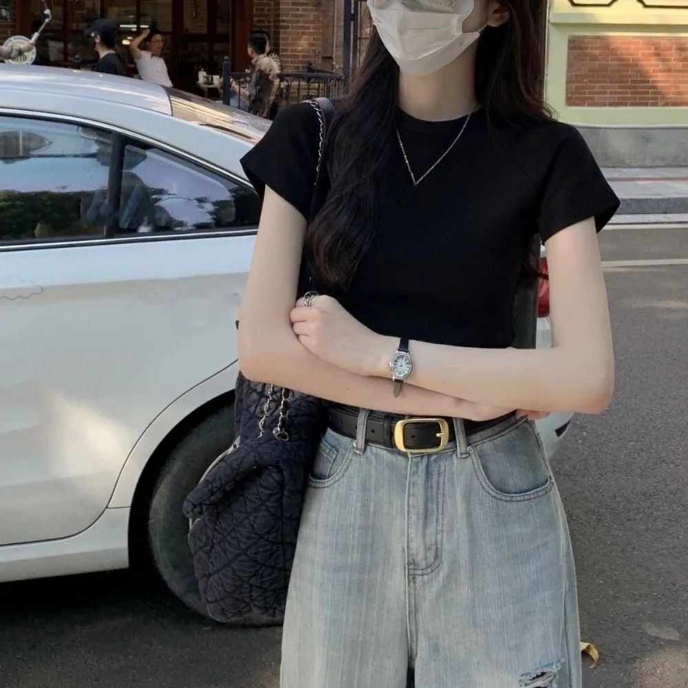 Eenvoudige effen kleur korte mouw T-shirt slim fit chic Y2K crop top Koreaanse stijl zoete tees shirts dames streetwear
