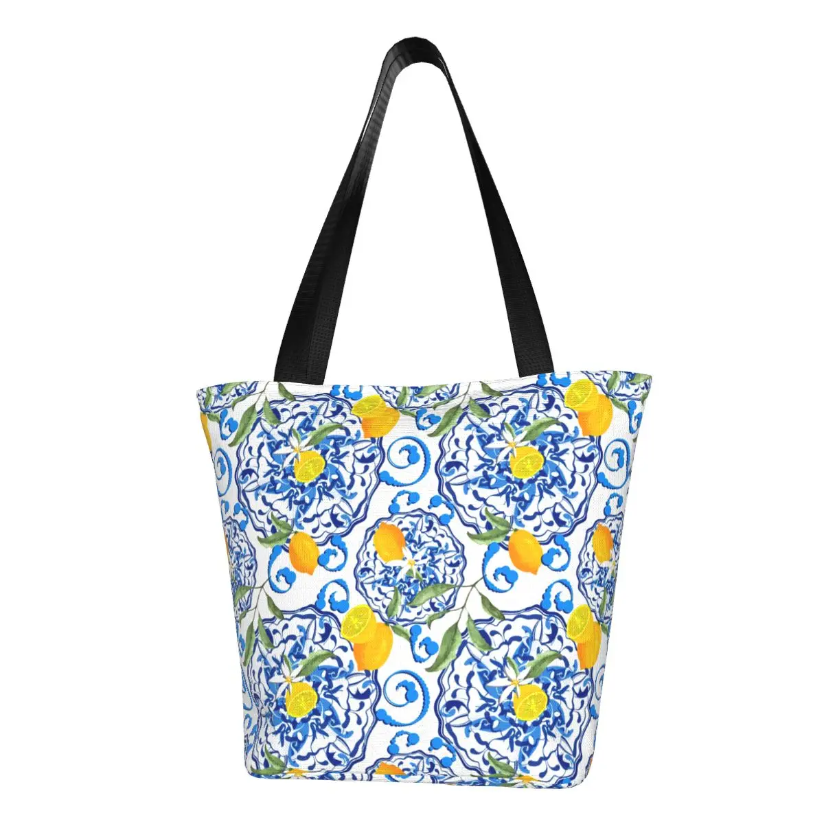 Custom Mediterranean Summer Fruit Lemons Tiles Shopping Bag Women Canvas Shoulder Recycling Tote Bag Groceries Shopper Bags