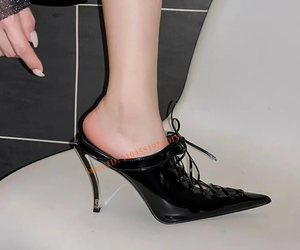 

90Mm Metal Heeled Black Real Leather Lace Up Stretch Slip On Pumps Pointed Toe Women Party Stiletto Pointed Shoes High Heels