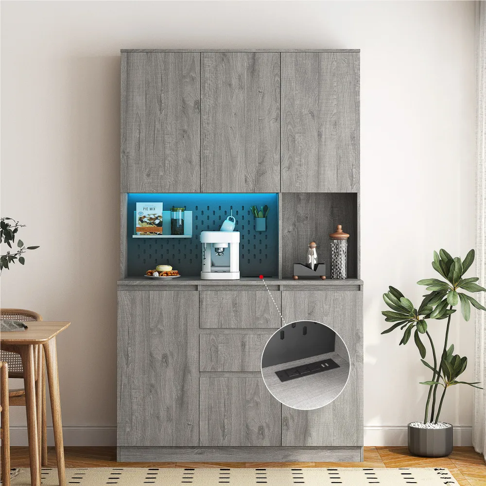 

74" Kitchen Kitchen Cabinet with Charging Station, Separate Buffet Cabinet with Drawer, Dining Room with LED Lights