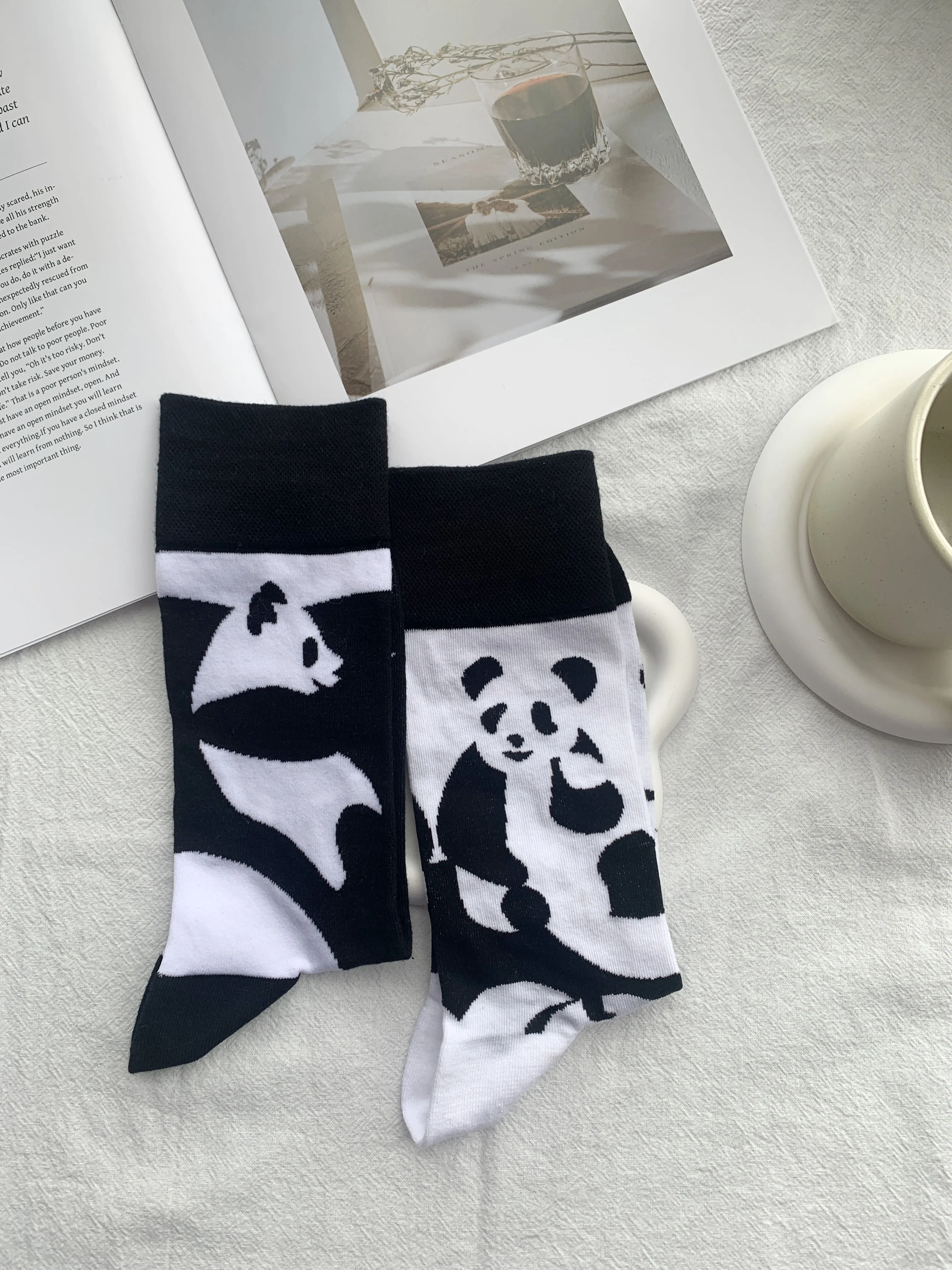 CHAOZHU 1 Pair Black&white Long Cotton Cartoon Panda Cute Men's Long Socks Fancies Jacquard Size 38-42