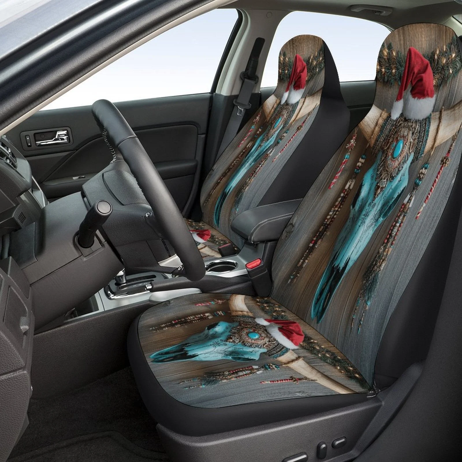 Set Of Christmas-Themed Car Seat Covers Featuring A Turquoise Bull Skull Design, Suitable For Various Vehicles. These Trendy And