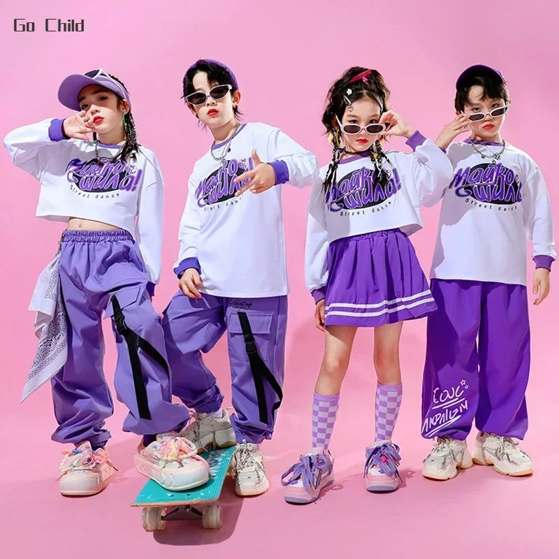 Hip Hop Girls Crop Top Skirts Purple Clothes Sets Boys Jazz Vest Sweatshirts Street Dance Cargo Pants Children Kids Streetwear