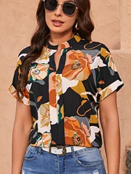 Fashion Retro Flower Print Women Shirts Summer New Casual V -neck Short Sleeve Blouses Tops