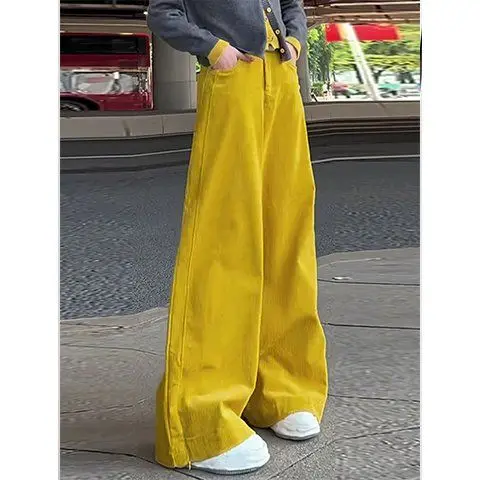 Pantaloni a gamba larga in velluto a coste giallo diamante pantaloni da pavimento slim a vita alta larghi dritti per bambini 2025 nuovi