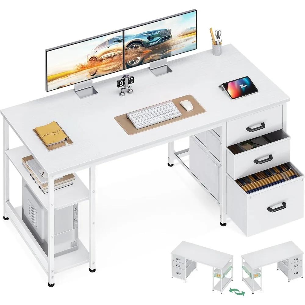 

51 Inch Computer Desk with File Drawers - Reversible Home Office Desk with Storage Shelves,Modern Work/Writing/Study Table