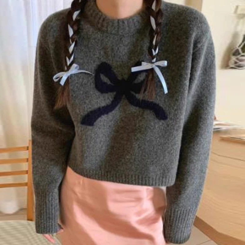 90s Vintage Preppy Cropped Knitwear Y2k Jumpers Bowknot Pattern Aesthetic Pullovers Tops Women Autumn Winter Knitted Sweater