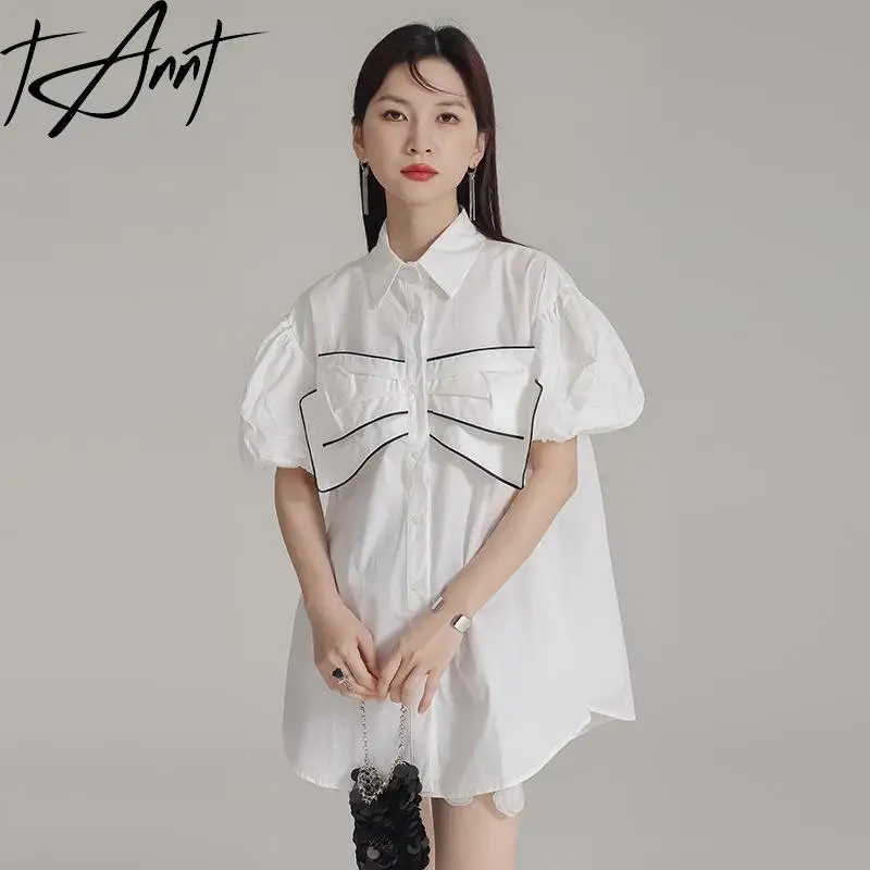 

GetSpring Women Shirt 2024 Autumn Three Dimensional Bow Puff Sleeve White Blouse Fashion All Match Loose Casual Long Female Tops